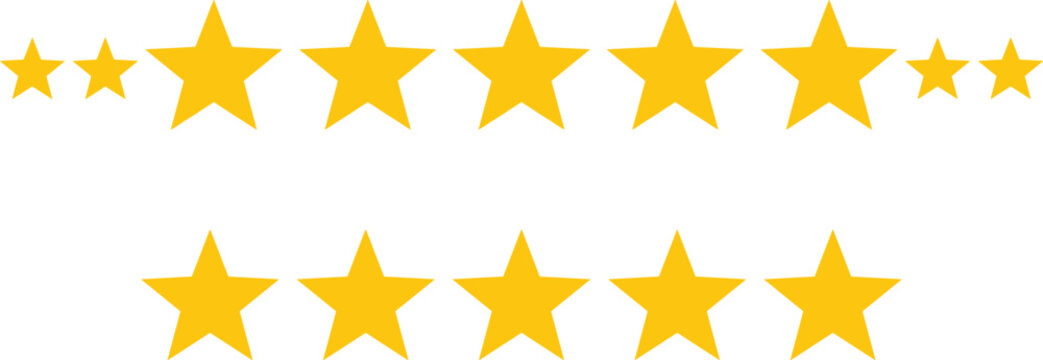 Golden star rating icons set with different sizes in rows for review feedback and quality evaluation design