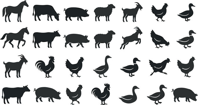Farm animal silhouette collection with cow pig sheep goat chicken duck and horse icons for agriculture design