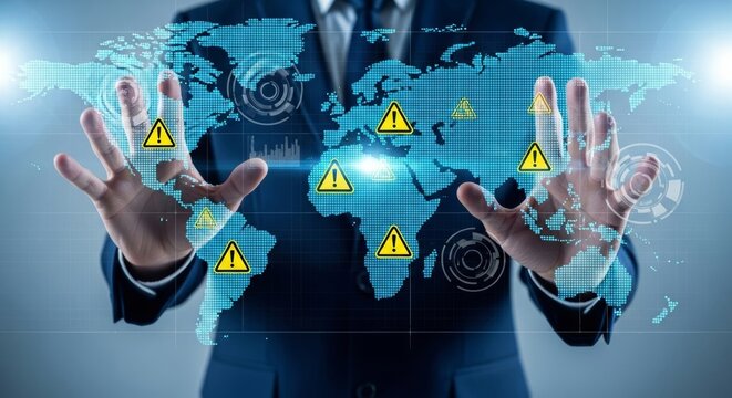 Business professional analyzing global risk, geopolitical instability, and international conflict using holographic world map with warning icons. Ideal for crisis management and market impact concept
