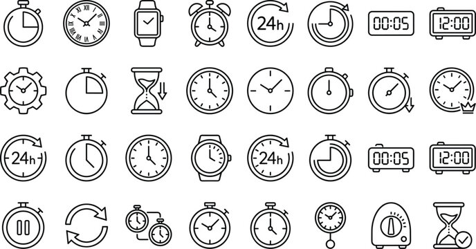 Time and clock icon set with stopwatch alarm digital timer and 24 hour symbols for UI design