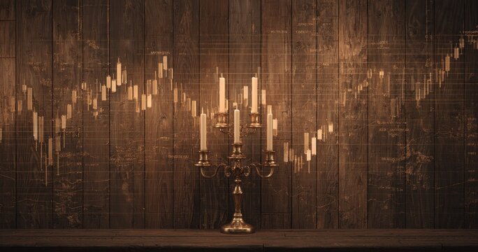 Elegant candelabra with lit candles in front of a wood panel backdrop