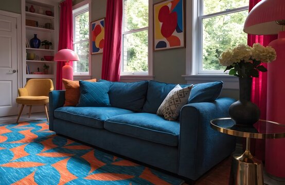 Vibrant interior design featuring bold colors and patterns high resolution picture