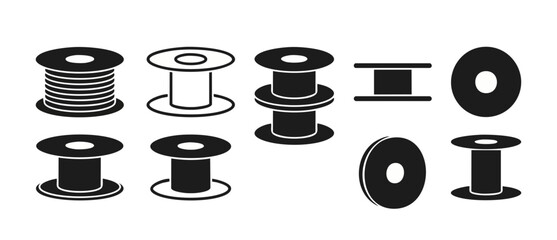 Spool Icon Set Vector Design, Empty and Filled Reels for Thread, Wire, Cable, and Rope Storage Graphics, Industrial Manufacturing Equipment Symbols, Black Silhouette Collection Isolated on White Backg © Dinali
