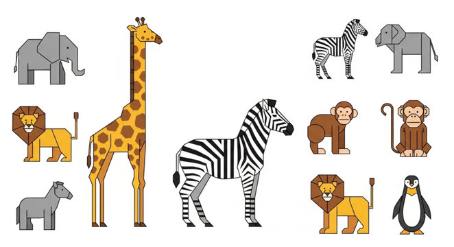 Collection of cartoon safari animals in pixel art style.