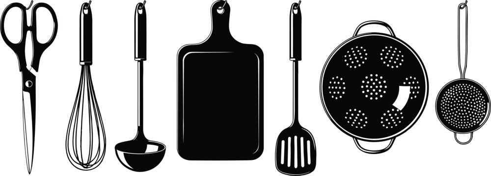 


:Black Silhouette Kitchen Utensils and Cooking Tools Collection Vector Illustration Set for Design