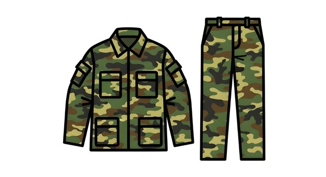 Vector illustration of a military camouflage jacket and trousers set with woodland pattern isolated on white.