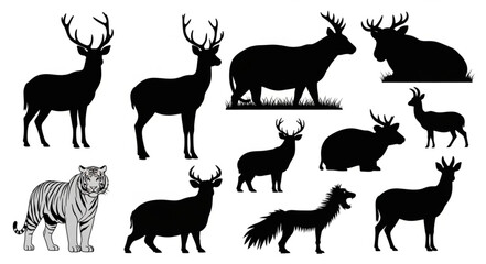 Fototapeta premium Collection of Animal Silhouettes Including Deer and Tiger.