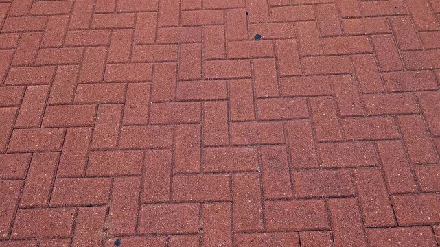 POV walking on classic red brick pavers in a timeless herringbone pattern. Stroll along a sidewalk. Warm tones, steady movement.