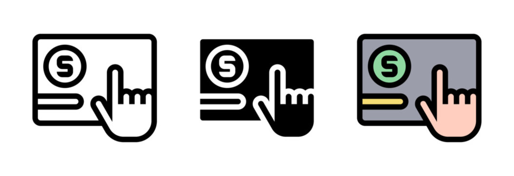 Conjunto de iconos de pago digital. Transacci&oacute;n segura, compra en l&iacute;nea, interacci&oacute;n t&aacute;ctil, sistema financiero, pago electr&oacute;nico. Ilustraci&oacute;n vectorial