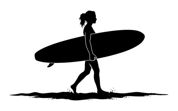 Silhouette of an active female surfer carrying a surfboard and walking on the beach