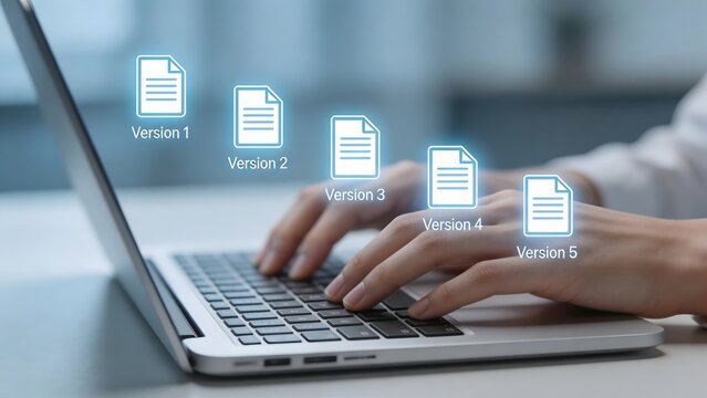 Hands typing on laptop with document versions