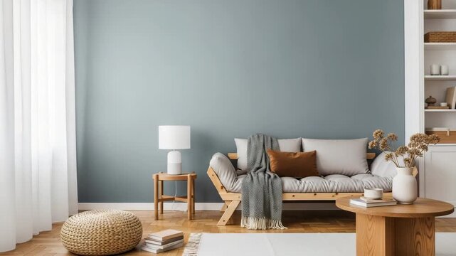 Cozy living room interior, modern minimalist decor, blue wall, wooden furniture, beige sofa