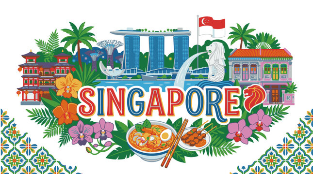 Vibrant illustration of Singapore landmarks, food, and culture with the word Singapore