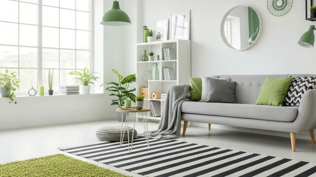 Modern living room interior, minimalist home decor, gray sofa, green accents, black and white striped rug, bright interior design