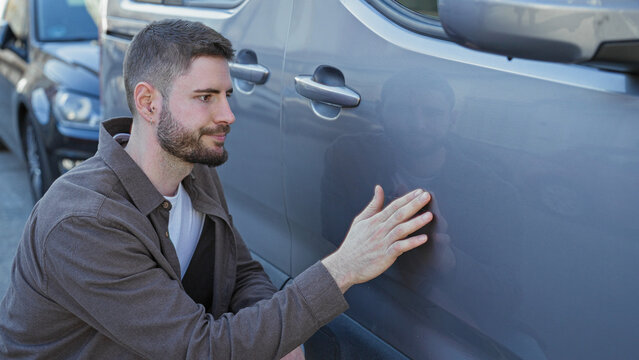Man pressing hand to dent on silver van door while inspecting deep scratch near handle on street; concern repair cost.