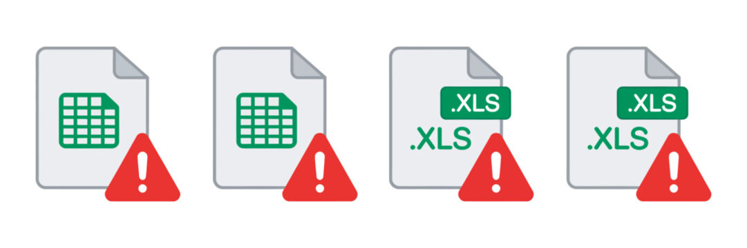 Excel file format error icon set XLS warning symbol indicating corrupted document, file issue alert, spreadsheet problem concept vector illustration.