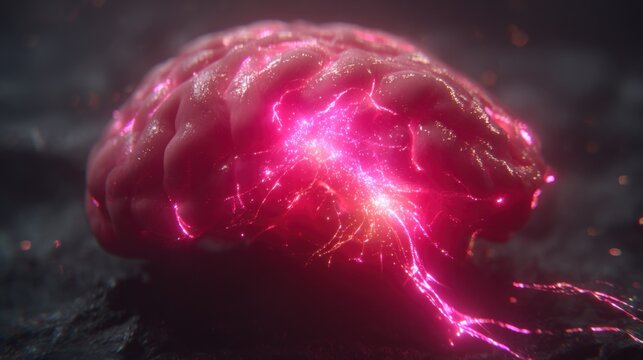 Glowing internal energy radiates from the organic structure of the cerebrum resting on a dark surface.