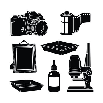 Set of photography and darkroom equipment black silhouettes