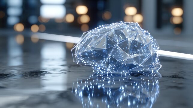 Illuminated digital brain structure rests on a reflective surface in a dimly lit environment.