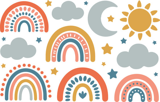 Nursery boho rainbow vector collection with cute clouds golden sun crescent moon stars and colorful abstract weather illustrations.
