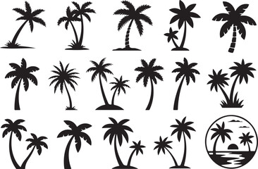 Fototapeta premium Set of black silhouettes of palm trees on transparent background vector illustration for summer tropical vacation.