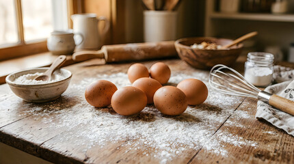 Fototapeta premium Baking eggs and flour on kitchen counter isolated on white background