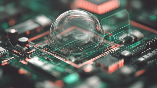 Transparent sphere hovers above complex electronic circuitry with glowing digital interfaces
