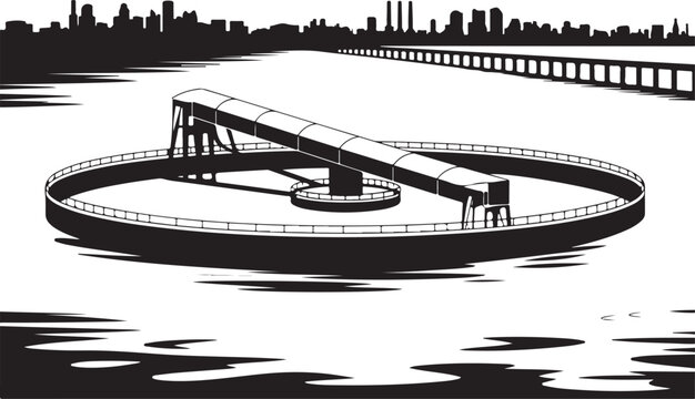 Industrial wastewater treatment plant clarifier tank silhouette in front of distant city skyline on transparent background icon.