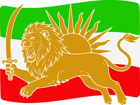 Golden lion and sun symbol, Iran Persia historical flag design in green white red