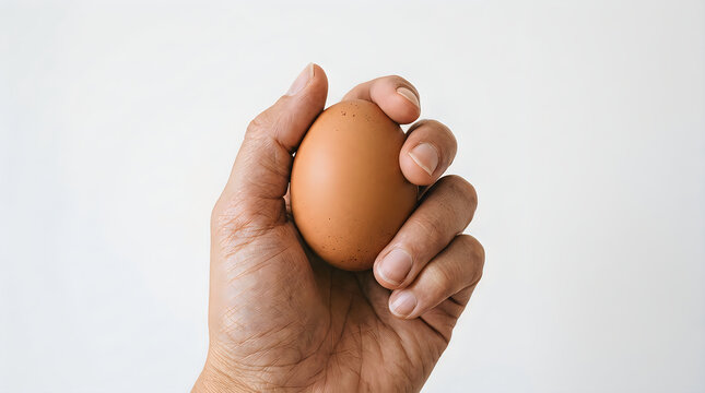 Hand holding brown egg isolated on white background
