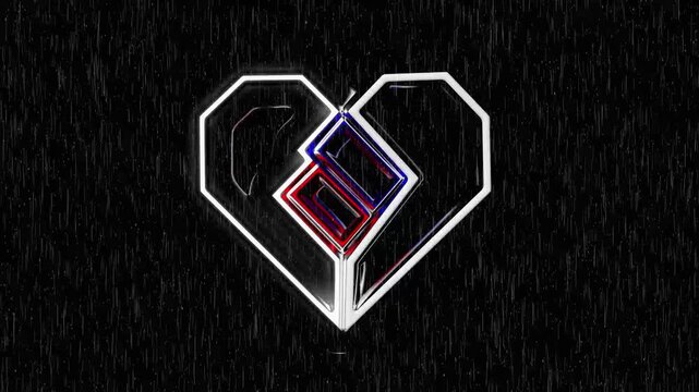 Abstract Silver Metallic Heart Icon With Red And Blue Glitch Accents On Dark Textured Background Modern Cyberpunk Love Symbol Branding For Tech And Digital Media.