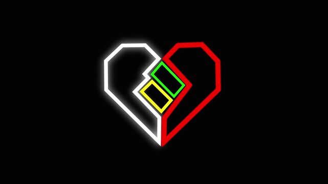 Abstract Geometric Neon Heart Icon With Interlocking Lines On Black Background  Modern Two Tone Love Partnership Symbol For Valentine's Day Dating And Relationship Branding.