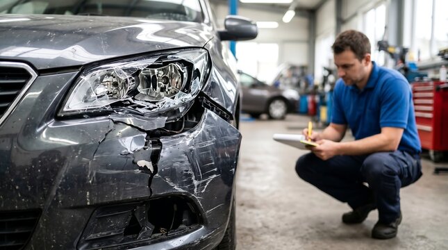 Claims adjuster documenting severe damage on dark grey car bumper in repair garage, concept for insurance claims handling, auto repair quotes and collision documentation