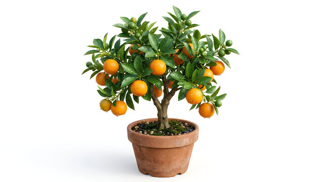 Small orange tree in a pot isolated on white background