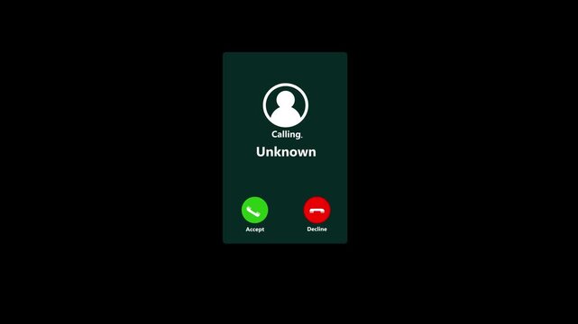 Unknown number displayed showing on smart mobile phone. Human use smartphone with incoming call from unknown number, spam, hacker, call center, crime,4k motion video animation.
