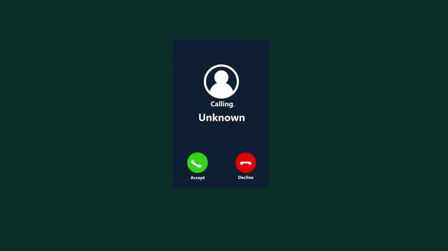 Unknown number displayed showing on smart mobile phone. Human use smartphone with incoming call from unknown number, spam, hacker, call center, crime,4k motion video animation.