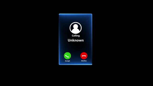 Unknown number displayed showing on smart mobile phone. Human use smartphone with incoming call from unknown number, spam, hacker, call center, crime,4k motion video animation.
