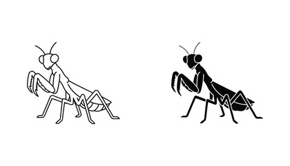 Praying mantis insect icon set featuring detailed line art and solid black silhouette for entomology and nature graphic design projects © Creative Assets