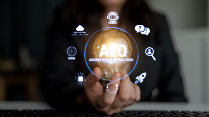 Obraz premium Professional Concept of Answer Engine Optimization with Innovative Light Bulb and Digital Icons Representing Modern Technology and Search Tools Fluxor.