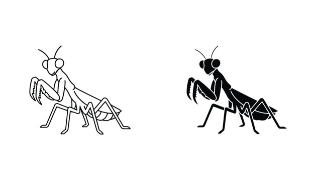 Praying mantis insect icon set featuring detailed line art and solid black silhouette for entomology and nature graphic design projects