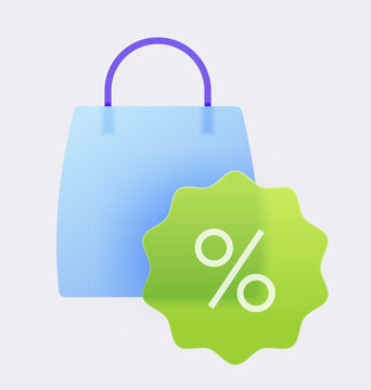 Digital Marketplace Checkout. Glassy Icon of Shopping Bag with Bonus Sign