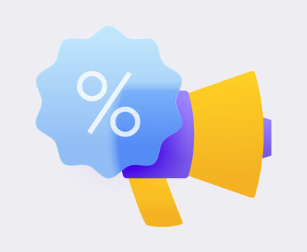 Special offer announcement glassmorphism megaphone with percentage discount badge