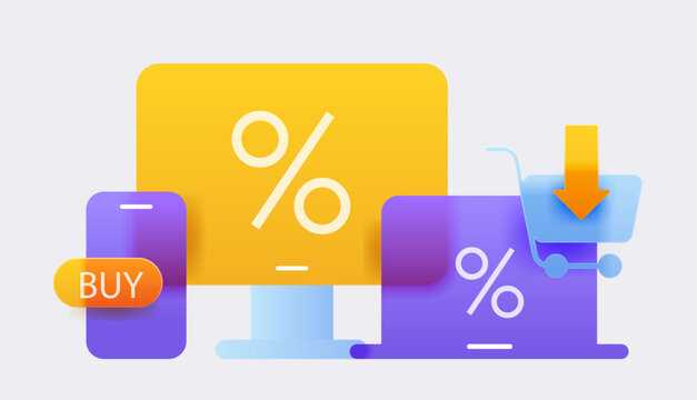 Modern Marketing Strategy. Tech Gadgets with Discount Symbols and Checkout Icon