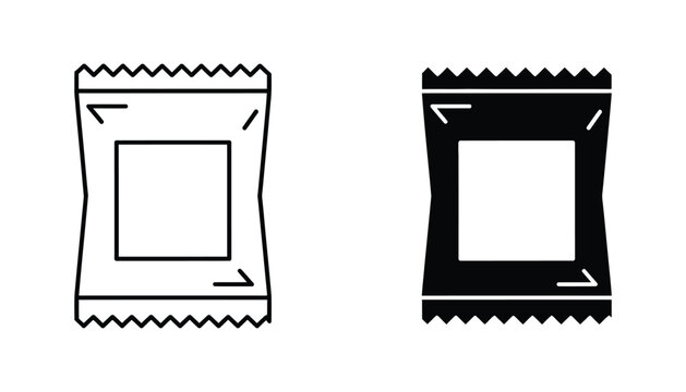 Snack food packaging icon set in outline and solid black styles for food industry and retail product design isolated on a white background for e-commerce and marketing graphic assets
