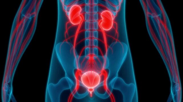 Medical animation of the human kidneys and urinary system glowing red