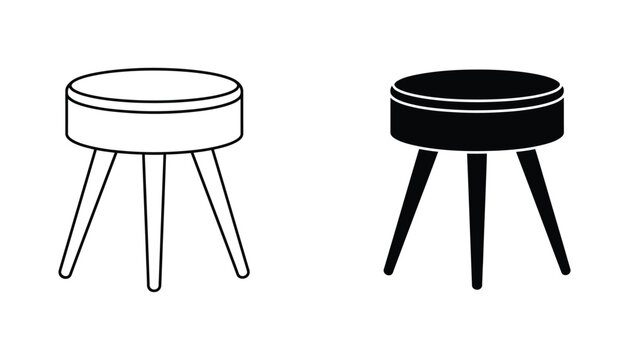 Modern minimalist round stool furniture icon set featuring three legged design in outline and solid black styles for interior design projects