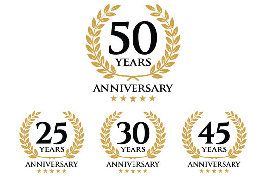 Elegant golden laurel wreath anniversary badges celebrating 25 30 45 and 50 years milestone achievements in sophisticated minimalist design