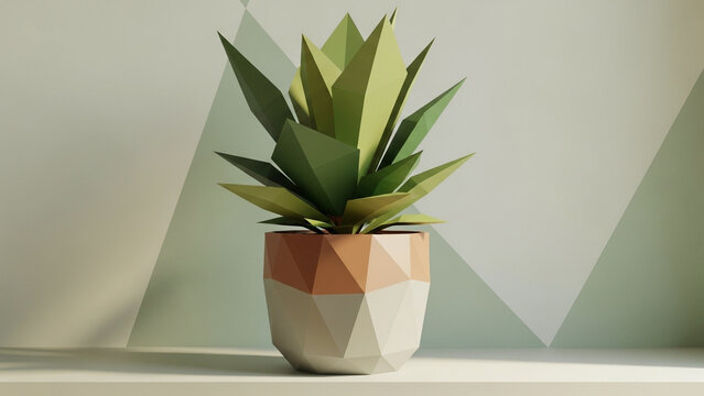 Low Poly Succulent Plant in Faceted Polygon Pot Minimal Geometric Interior Decor