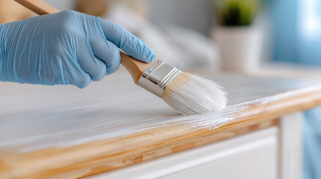 A close-up of a hand in a protective glove applying white paint with a brush to a wooden furniture surface. Concept for renovation, restoration, interior decor, and home renovation.