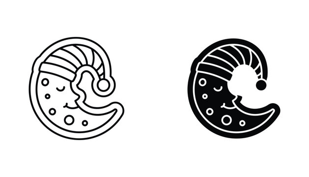 Sleeping crescent moon character in nightcap vector icon in outline and solid black styles for bedtime and sleep apps isolated on white background
